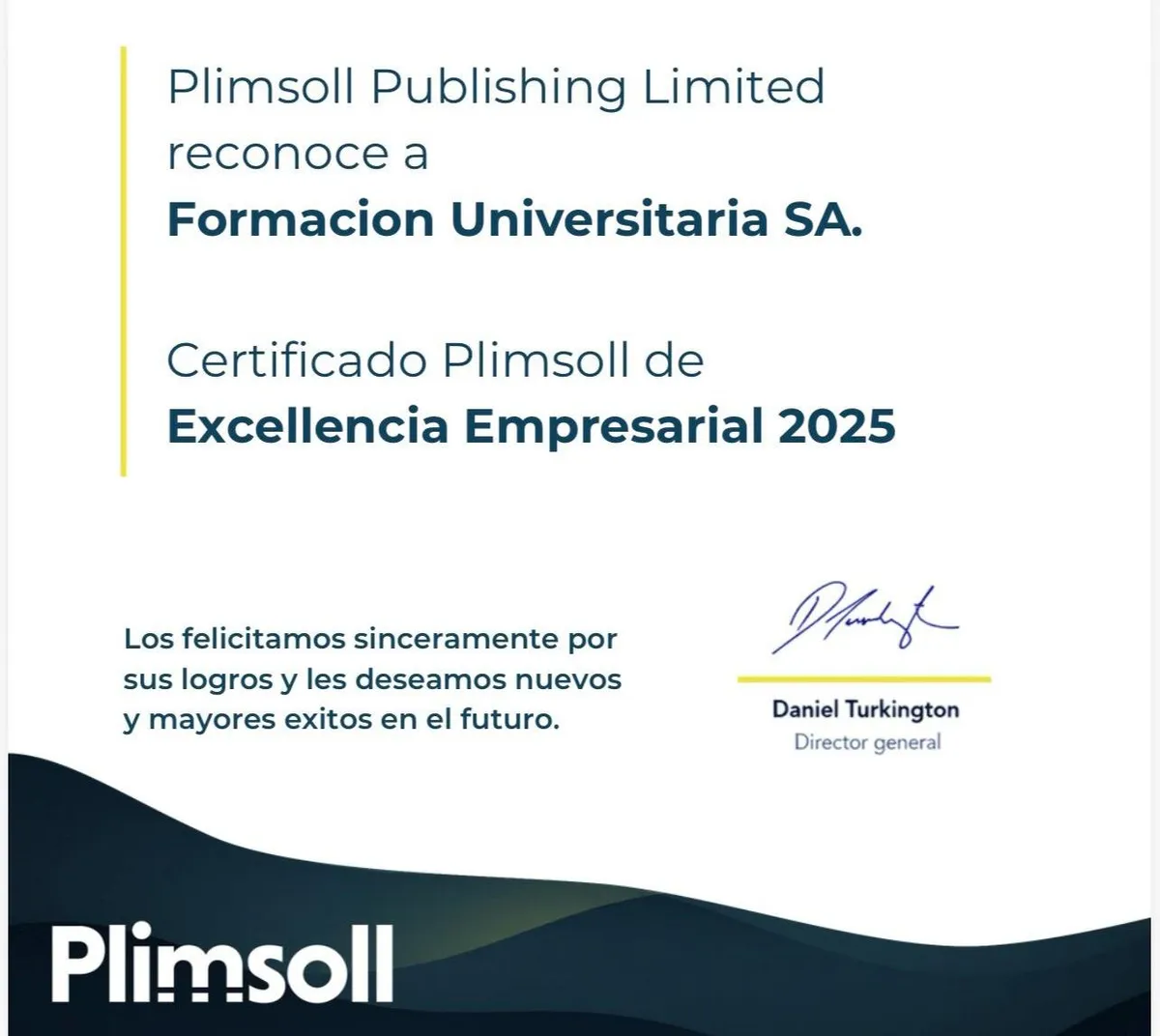 Grupo Educativo Formación Universitaria recibe Certificado Plimsoll 2025